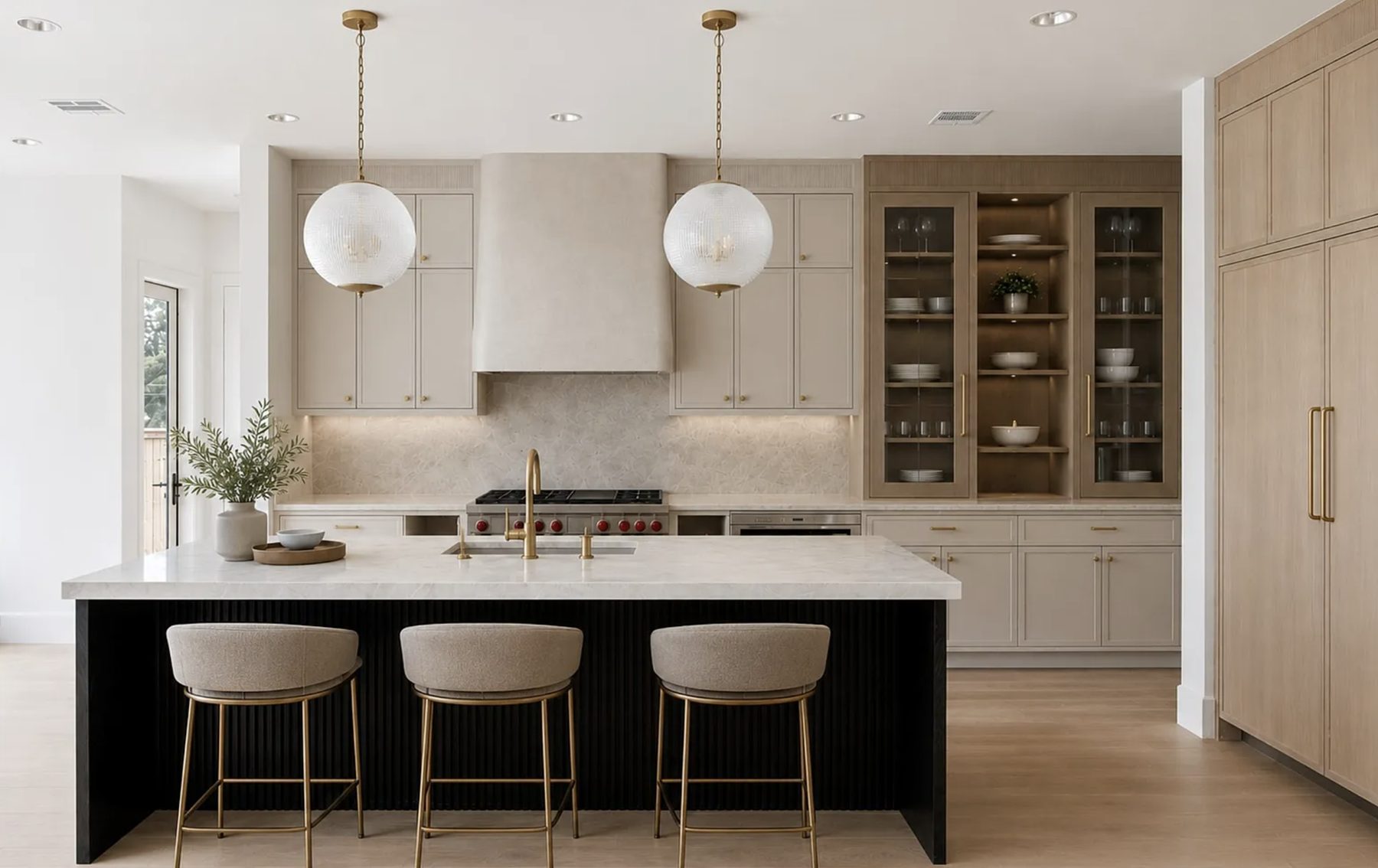 A Tribeca Studio kitchen — white oak cabinetry, a natural stone island, and globe pendant lighting