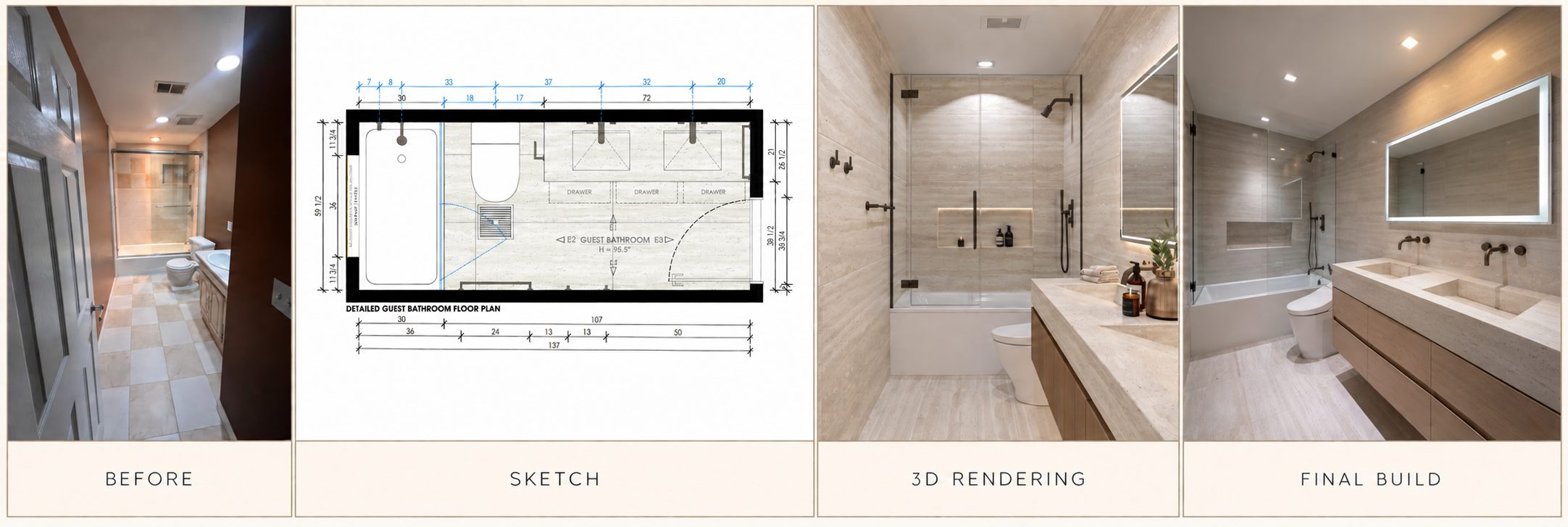 Guest bathroom: before photo, dimensioned floor plan, 3D rendering, and finished build