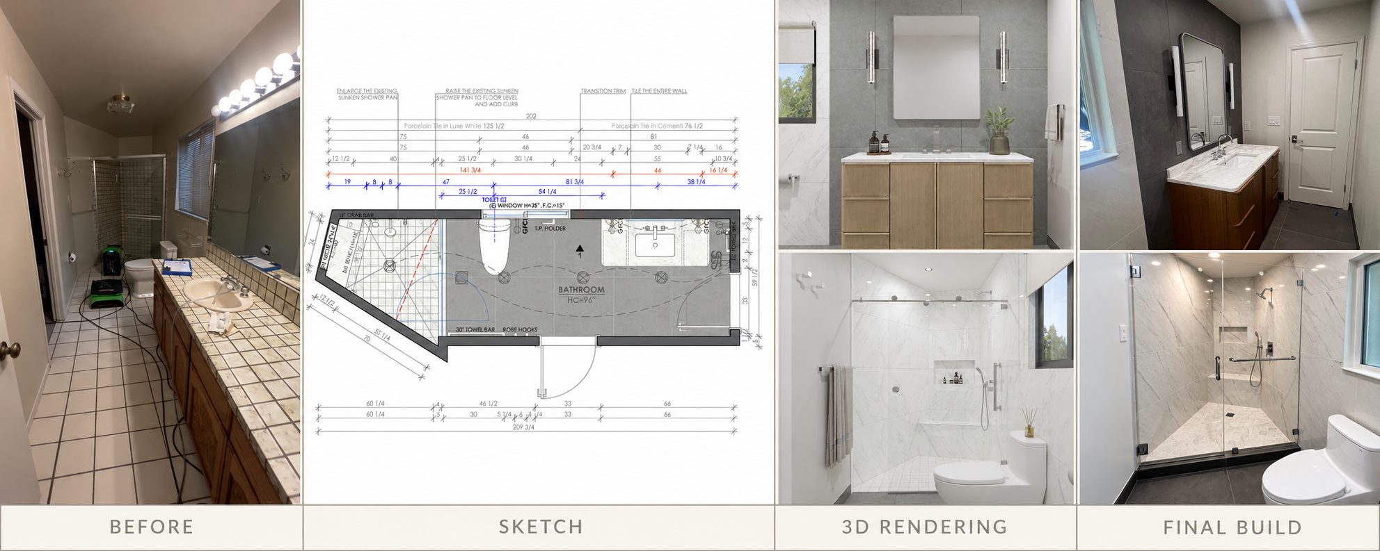 Primary bathroom: before photo, dimensioned floor plan, 3D rendering, and finished build